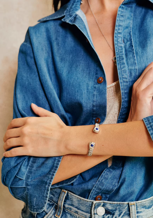 Palm Branch Open Cuff – Textured Metal Weave Bangle